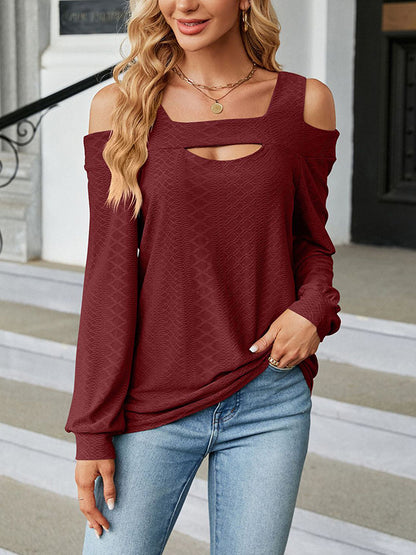 xakxx Long Sleeves Loose Hollow Jacquard Solid Color U-Neck T-Shirts Tops