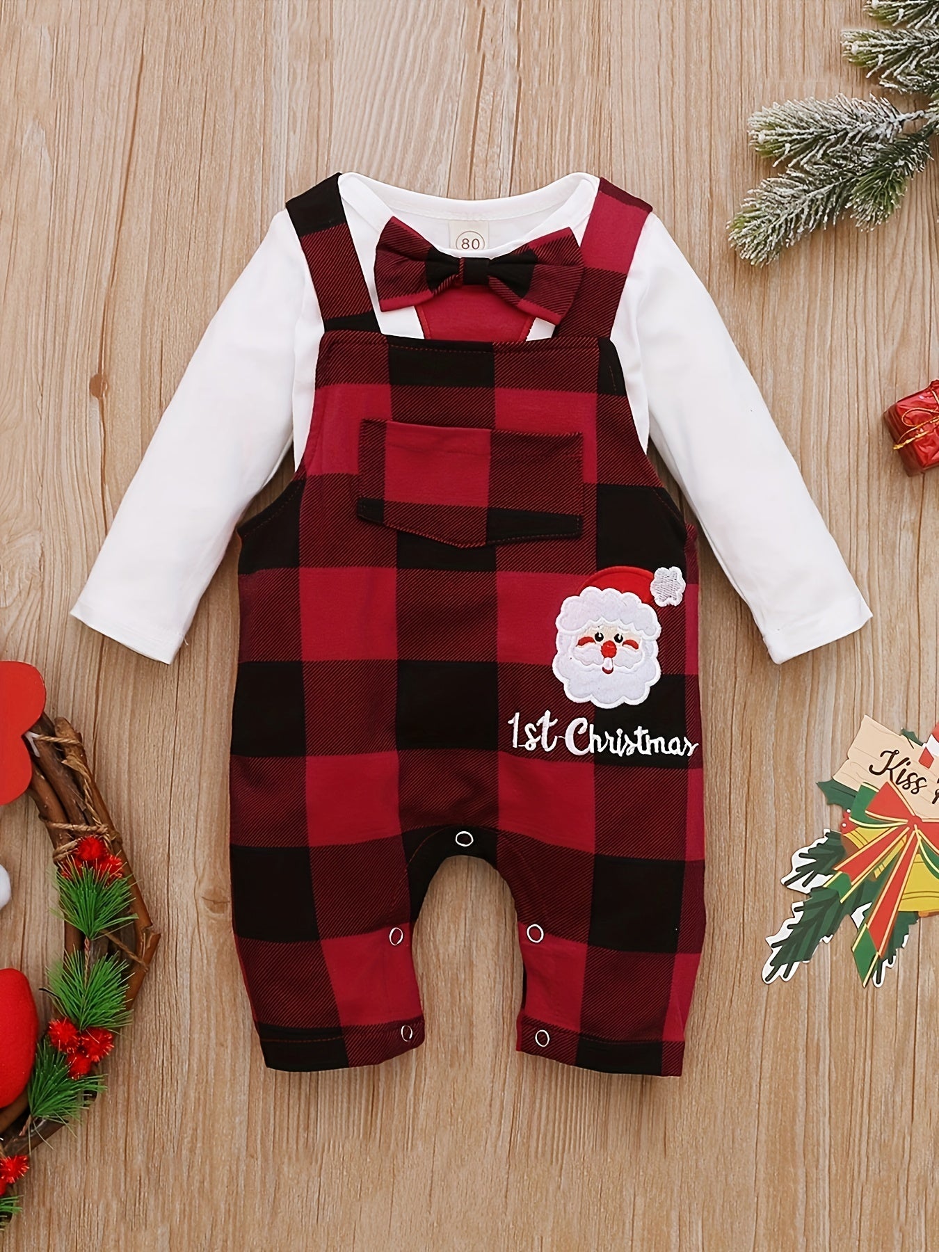 2pcs Baby Boys Christmas Gentlemen's Letter Embroidered Jumpsuit&Santa Claus Head Letter Embroidered Checkered Backband Pants Set