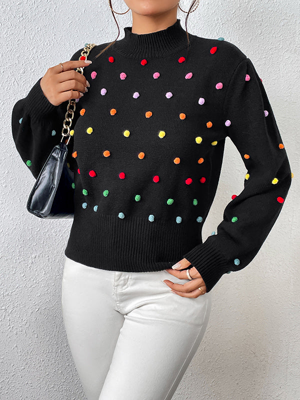 xakxx Long Sleeves Loose Pompom Triming Round-Neck Knitwear Pullovers Sweater Tops