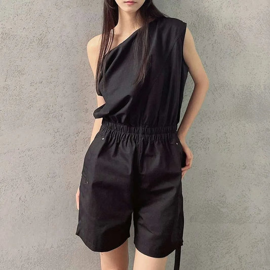 Cargo Jumpsuit Fashion Designer Women Tops Shirt New Summer  Solid Black One Shoulder Elastic Waist Casual Style FZ2404092