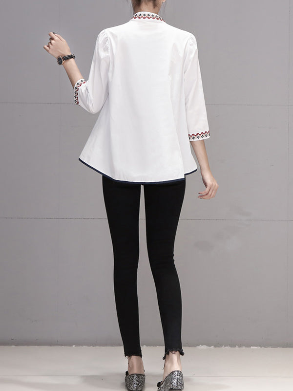 xakxx Loose Three-Quarter Sleeves Buttoned Embroidered Stand Collar Blouses&Shirts Tops