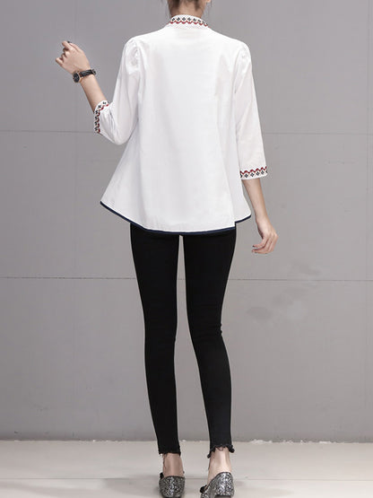 xakxx Loose Three-Quarter Sleeves Buttoned Embroidered Stand Collar Blouses&Shirts Tops