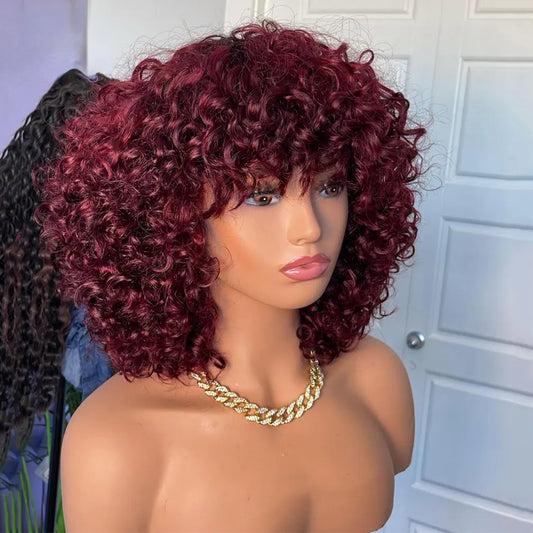 Brazilian Glueless Short Kinky Curly Wigs with Bangs 99J Red Burgundy Color 200 Density Afro Curly Bob Cut Full Lace Front Simulation Human Hair Wig
