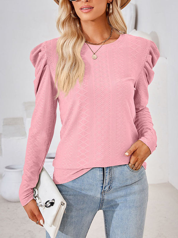 xakxx Long Sleeves Loose Pleated Solid Color Round-Neck T-Shirts Tops