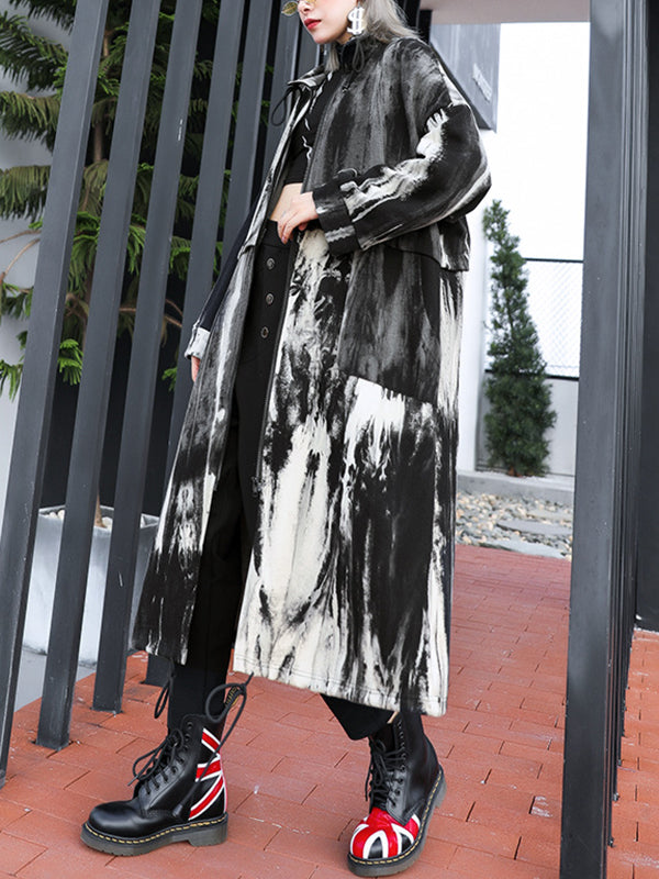 xakxx Long Sleeves Loose Drawstring Split-Joint Zipper Round-Neck Trench Coats