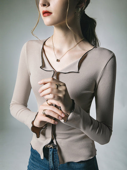 xakxx Long Sleeves Skinny Split-Front Lapel T-Shirts Tops