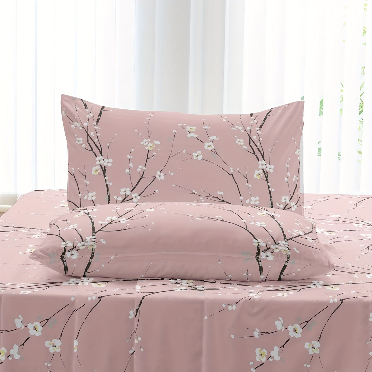 4pcs Luxury Flower Print Fitted Sheet Set - Soft, Hypoallergenic & Breathable Bedding - Wrinkle-Free & Fade-Resistant - Perfect for Bedrooms & Guest Rooms - 1 Flat Sheet, 1 Fitted Sheet, 2 Pillowcases - No Mattress Core