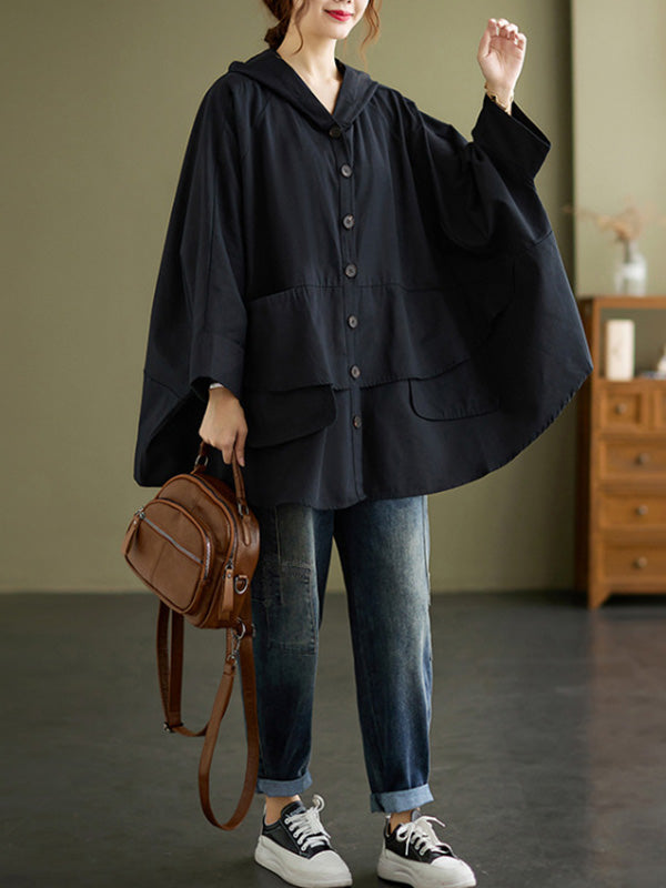xakxx Loose Solid Color Buttoned Hooded Long Sleeves Trench Coat