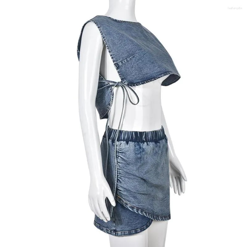 Work Dresses Summer Denim 2 Piece Skirt Sets Sexy Tank Sleeveless Side Slit Bandage Crop Top and Asymmetrical Mini Skirts Women Party Wear