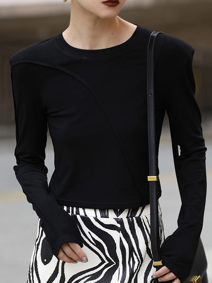 xakxx Long Sleeves Skinny Shoulder Pad Solid Color Round-Neck T-Shirts Tops