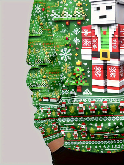 Boy's 3D Printed Christmas Toy Brick Santa Claus Hoodie, Spring Autumn Winter Long Sleeve Hooded Sweatshirt With Pocket, Outdoor Casual Top