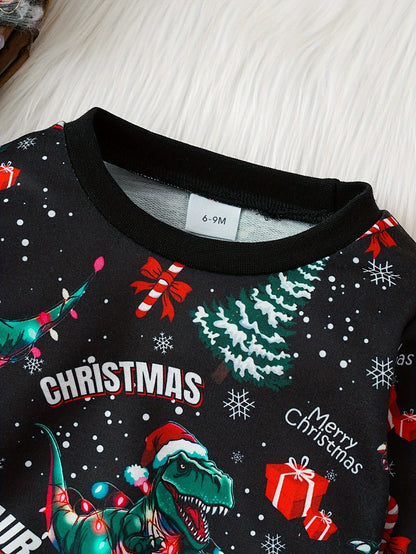Cute Trendy Christmas Dinosaur Cartoon Graphic Boys Casual T-shirt, Baby's Long Sleeve Creative Graphic Tees Top