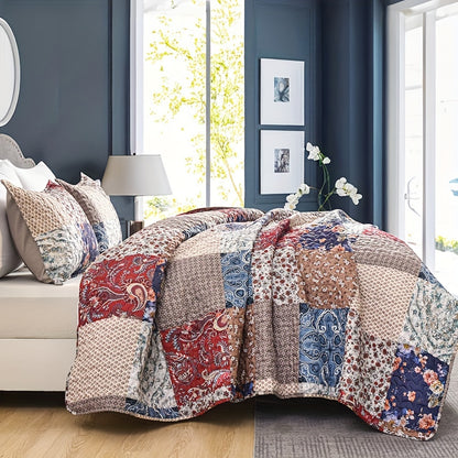 3-Piece Floral Block Checkered Pattern Bedspread Set - Double-Sided, Soft, Breathable, and Hypoallergenic Bedding for All Seasons - Includes 1 Bedspread and 2 Pillowcases (No Core)