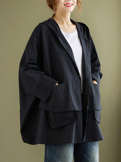 xakxx Loose Solid Color Buttoned Hooded Long Sleeves Trench Coat