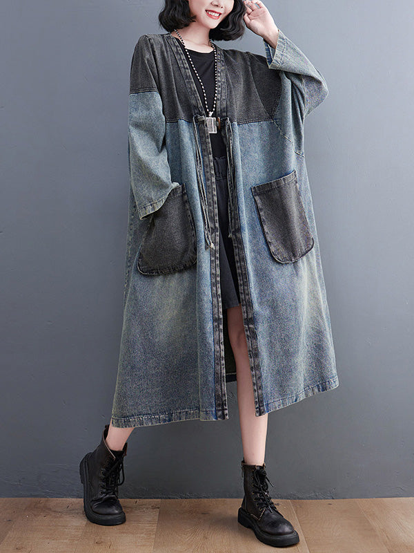 xakxx Artistic Retro Denim Long Sleeves Loose Tied Split-Joint Trench Outerwear
