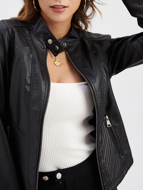 xakxx Long Sleeves Plus Size Buttoned Pockets Split-Joint Zipper Stand Collar Jackets Outerwear