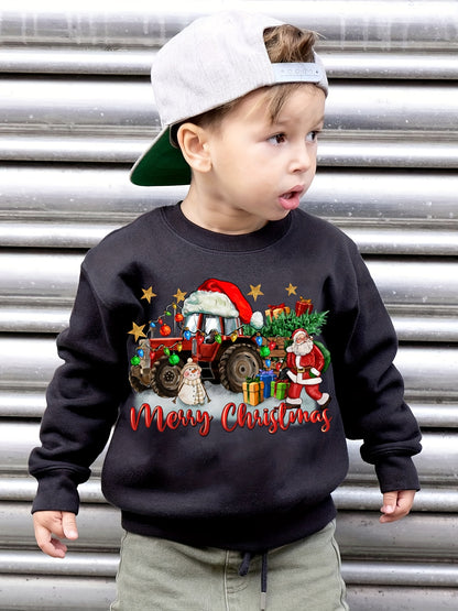 Boys' Cozy Fleece-Lined Christmas Sweatshirt with Festive Tractor Print - Casual Long Sleeve Pullover for Fall/Winter