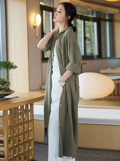 xakxx Artistic Retro Loose Simple Casual Solid Color Ramie Trench Coat