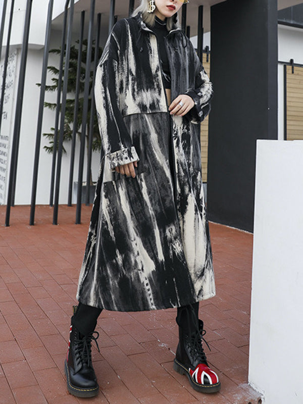 xakxx Long Sleeves Loose Drawstring Split-Joint Zipper Round-Neck Trench Coats