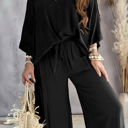 Chic Womens Two-piece Outfit Set - Comfy Long Sleeve T-shirt & Drawstring Pants - Adjustable Waistband, Casual Style for Everyday Fashion