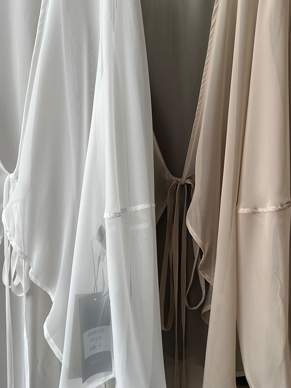 xakxx Bishop Sleeve Long Sleeves See-Through Split-Joint Tied Collarless Blouses&Shirts Tops