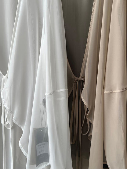 xakxx Bishop Sleeve Long Sleeves See-Through Split-Joint Tied Collarless Blouses&Shirts Tops