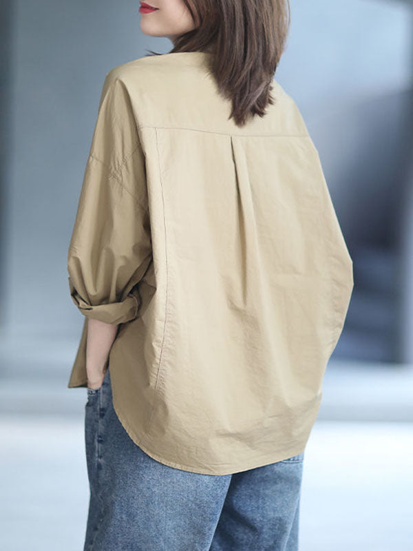 xakxx High-Low Long Sleeves Solid Color Lapel Blouses&Shirts Tops