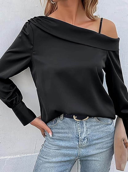 xakxx Long Sleeves Loose Asymmetric Solid Color One-Shoulder T-Shirts Tops