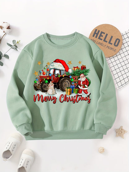 Boys' Cozy Fleece-Lined Christmas Sweatshirt with Festive Tractor Print - Casual Long Sleeve Pullover for Fall/Winter