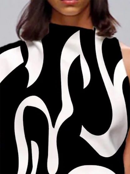 xakxx Loose Sleeveless Asymmetric Contrast Color Printed One-Shoulder T-Shirts Tops