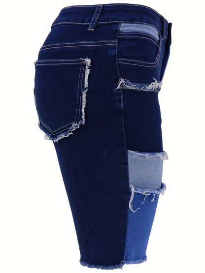 Women's Plus Size Oversized Color Block Bermuda Patchwork Denim Shorts With A Slim Fit Waist And Denim Shorts
