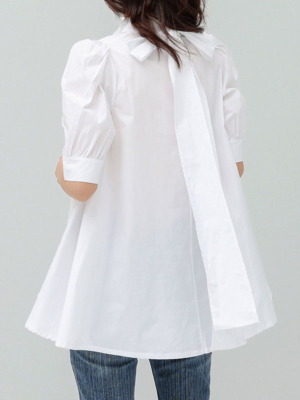 xakxx Casual Loose Bow-Embellished Solid Color Blouse