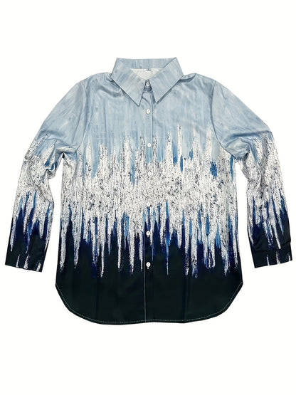 Plus Size Chic Blouse - Relaxed Fit, Brush Print Ombre, Long Sleeve, Turn Down Collar, Button Up - Designed for Curvy Women, Everyday Wear