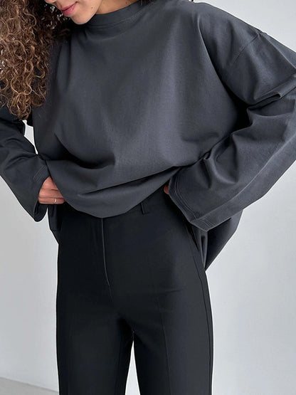 xakxx Long Sleeves Loose Solid Color Round-Neck T-Shirts Tops