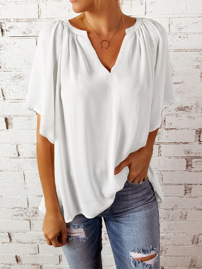xakxx Simple Casual Solid Color Loose Pleated Half Sleeves T-Shirt Top