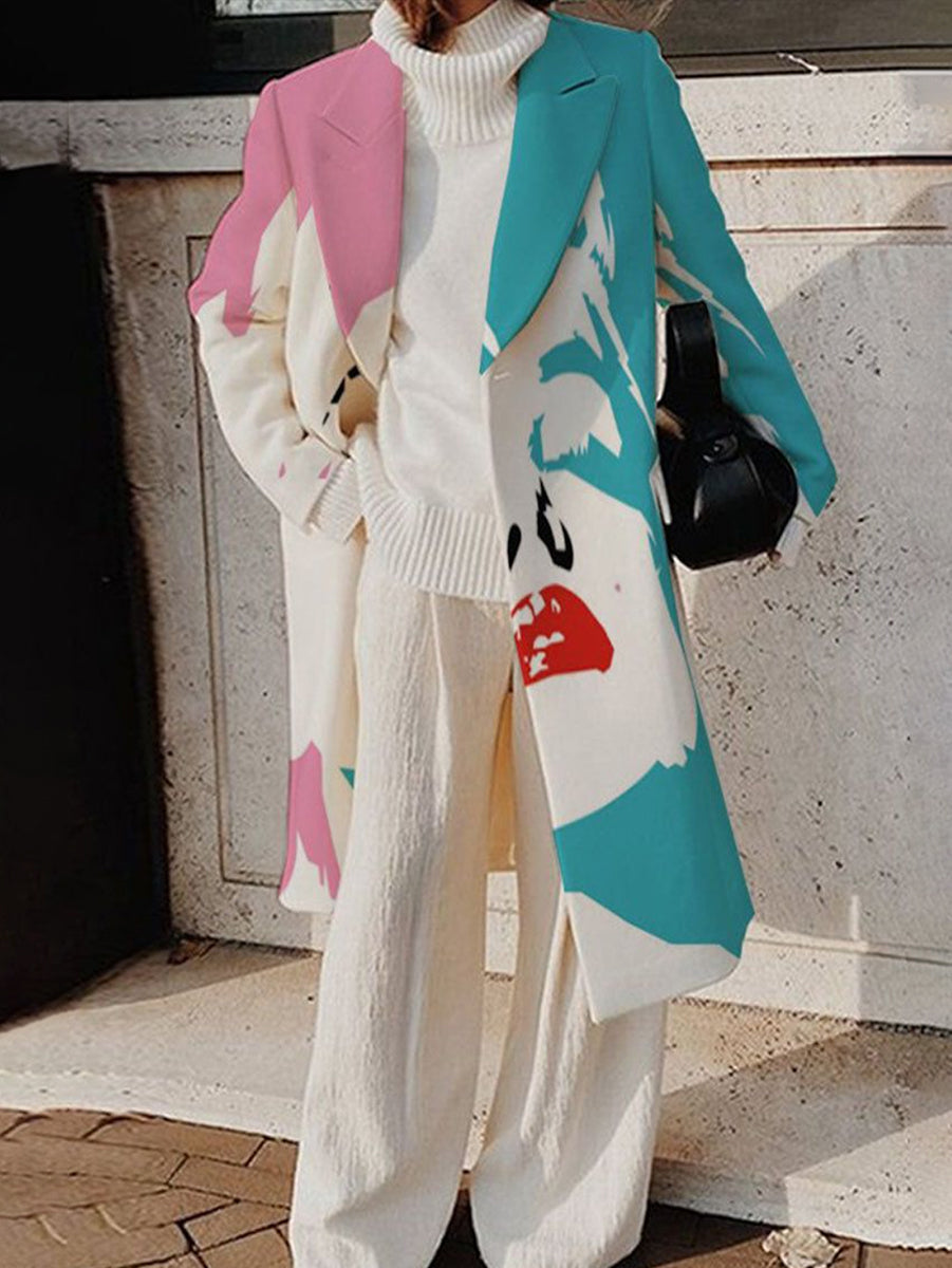 xakxx Contrast Color Figure Notched Collar Outerwear Woolen Coat