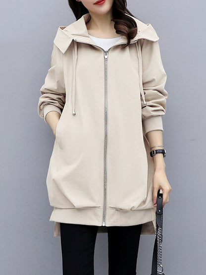 xakxx Casual Loose 4 Colors Pleated Zipper Hooded Long Sleeves Outwear