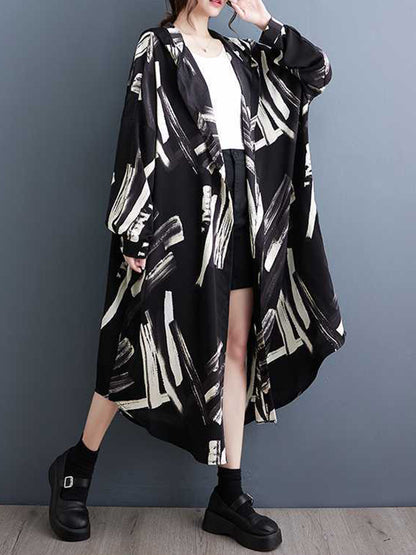 xakxx Long Sleeves Loose Buttoned Hooded Printed Midi Dresses Outerwear