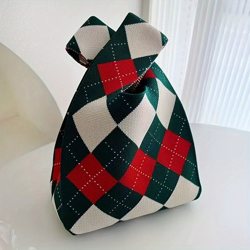 1pc Festive Knitted Polyester Tote Bag, Christmas Candy Gift Pouch, Women'S Handheld Knit Purse, Holiday Shopping Shoulder Bag with Painted Edges, No Closure - Red & Green