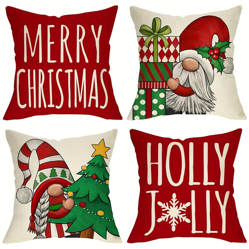 [Customer Favorite] 4pcs Merry Christmas Gnome Decorative Throw Pillow Cover Xmas Tree Holly Jolly Red Porch Patio Home Decor, Winter Holiday Snowflakes Polka Dot Gifts Outdoor Sofa Couch Cushion Case 18inxhX18inch No Pillow insert