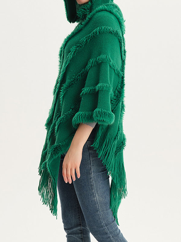 xakxx Hooded Keep Warm Solid Color Tasseled Cape Shawl&Cloak