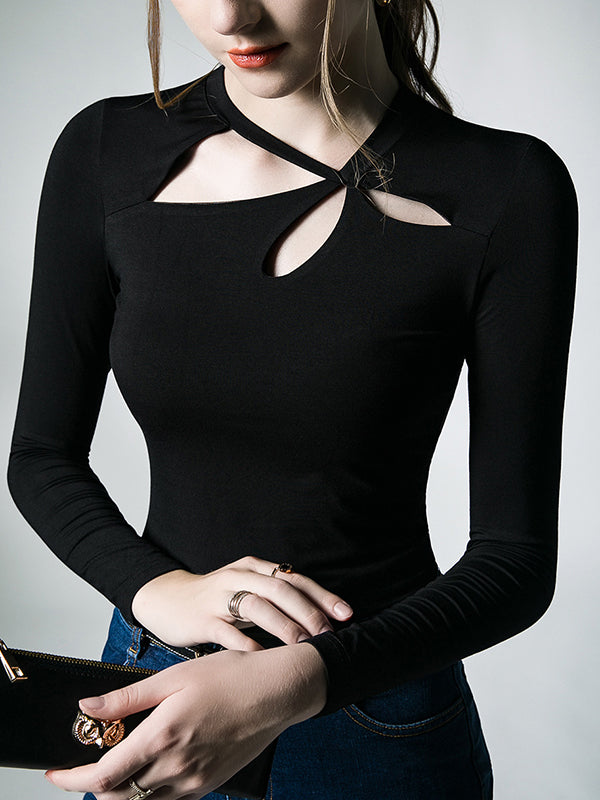 xakxx Long Sleeves Skinny Hollow Solid Color Asymmetric Collar T-Shirts Tops