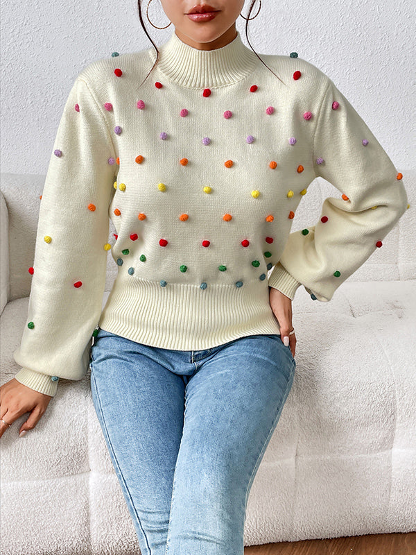 xakxx Long Sleeves Loose Pompom Triming Round-Neck Knitwear Pullovers Sweater Tops