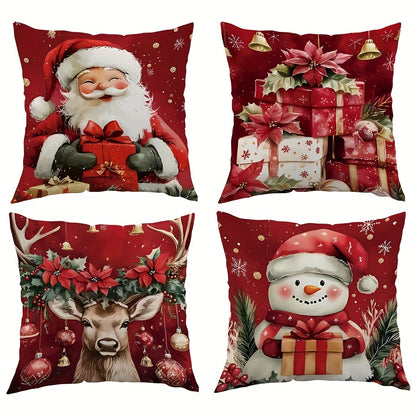 4-Pack Velvet Printed Christmas Pillow Covers with Santa & Snowman Designs, Machine Washable, Zipper Closure, Polyester Fabric, Contemporary Style for Home Sofa, Bedroom, Living Room Decor