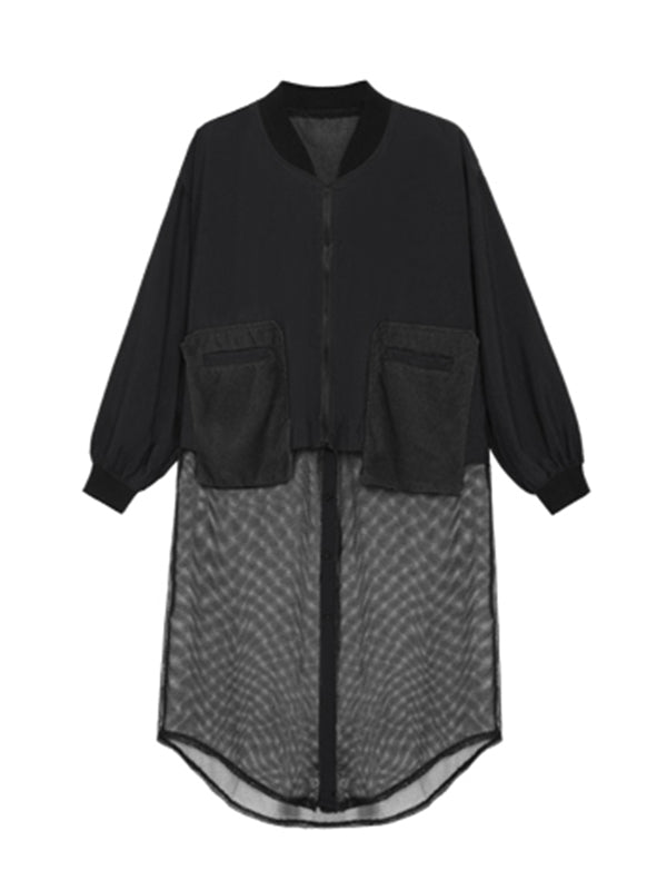 xakxx Stylish Split-Joint With Pocket Mesh Buttoned Stand Collar Long Sleeves Jacket Outwear