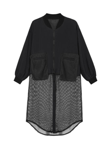 xakxx Stylish Split-Joint With Pocket Mesh Buttoned Stand Collar Long Sleeves Jacket Outwear