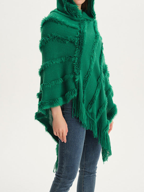 xakxx Hooded Keep Warm Solid Color Tasseled Cape Shawl&Cloak