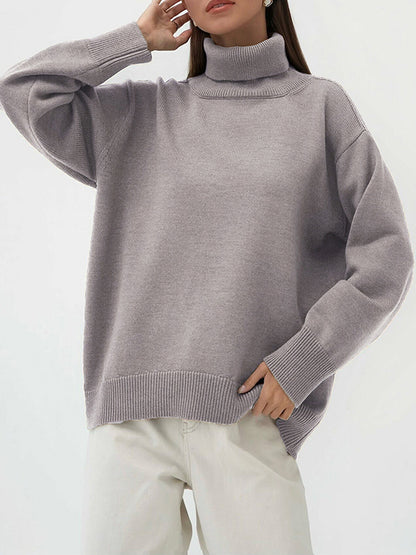 xakxx Long Sleeves Loose Solid Color High Neck Knitwear Pullovers Sweater Tops