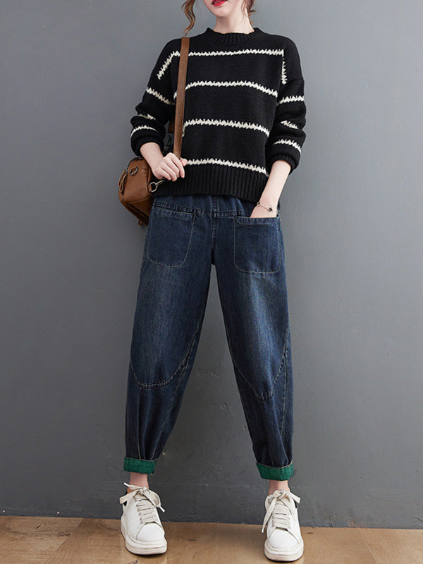 xakxx Casual Loose Long Sleeves Striped Round-Neck Sweater Tops