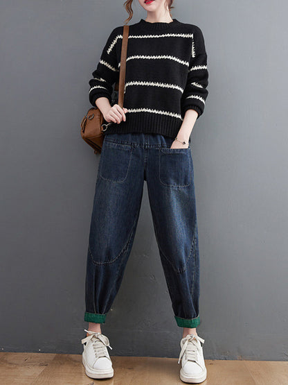 xakxx Casual Loose Long Sleeves Striped Round-Neck Sweater Tops
